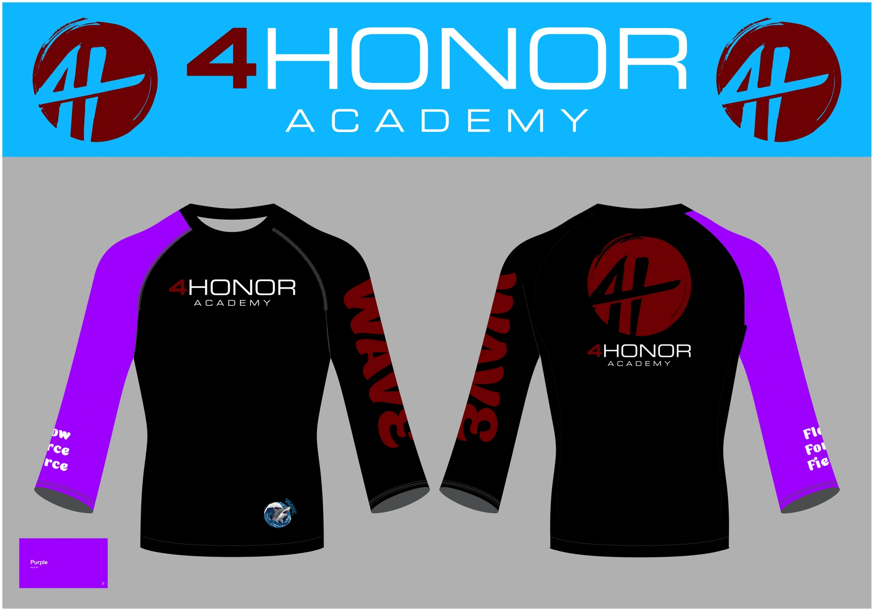 4Honor Academy purple rashguard design showing front and back