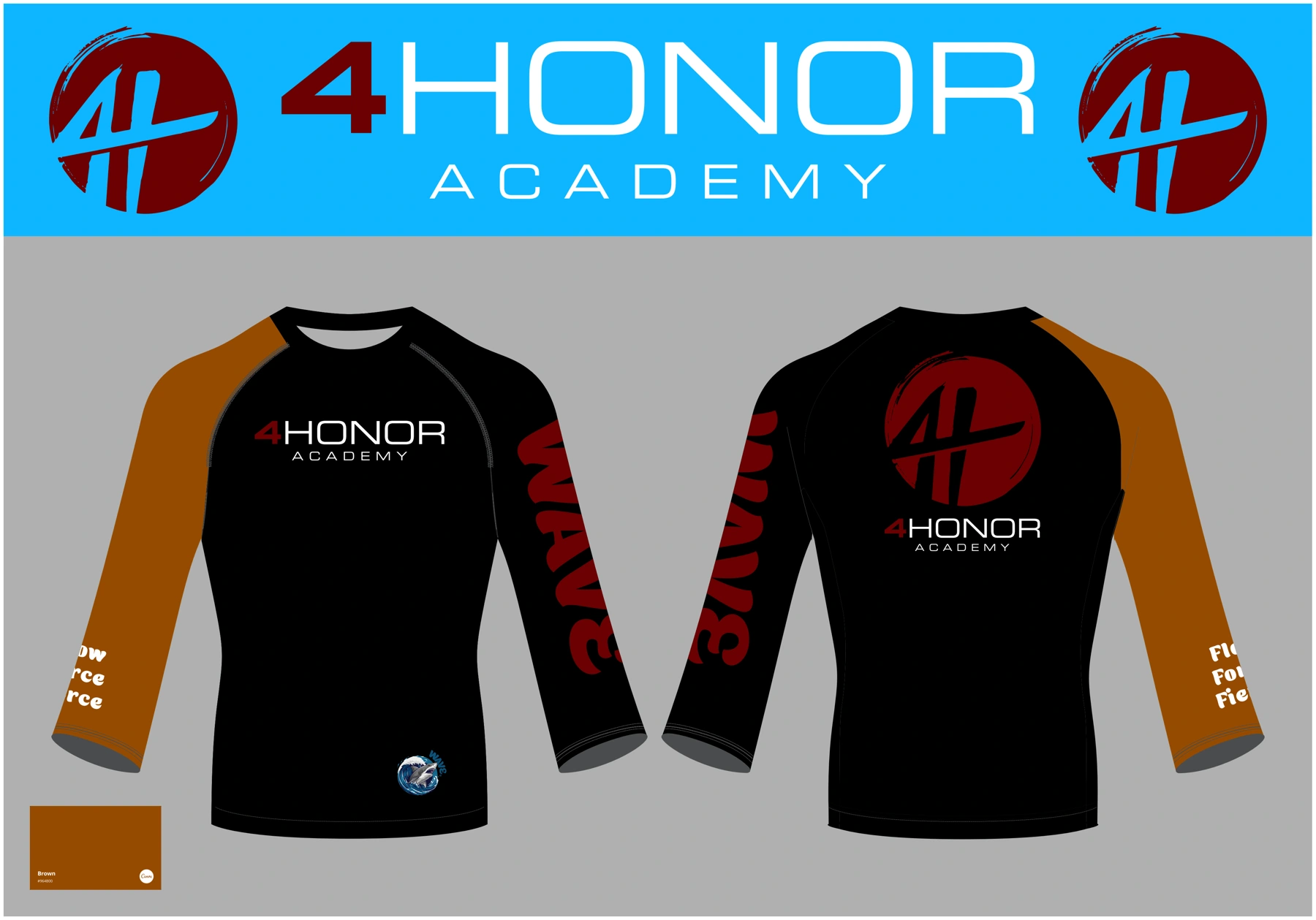 4Honor Academy brown rashguard design showing front and back
